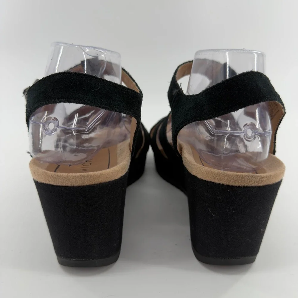 Vionic Tawny Black Suede Wedge Sandals Strappy Platform Buckle 9.5